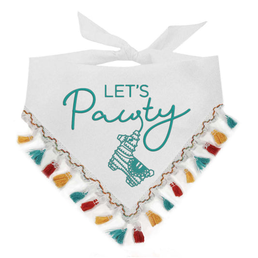 Let's Pawty Puff Printed Dog Bandana with Multi-Colored Fringe