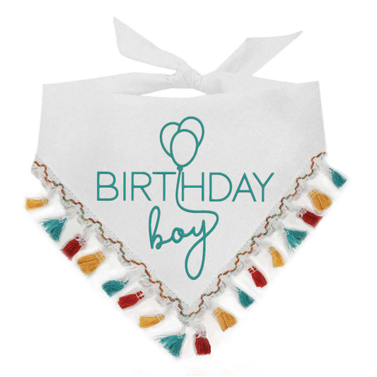 Birthday Boy Puff Printed Dog Bandana with Multi-Colored Fringe