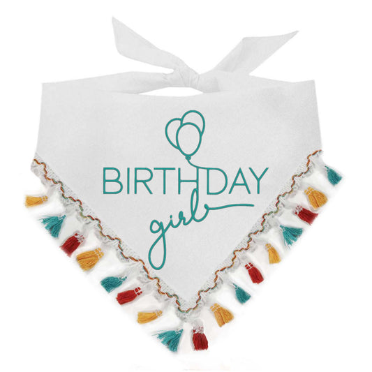 Birthday Girl Puff Printed Dog Bandana with Multi-Colored Fringe