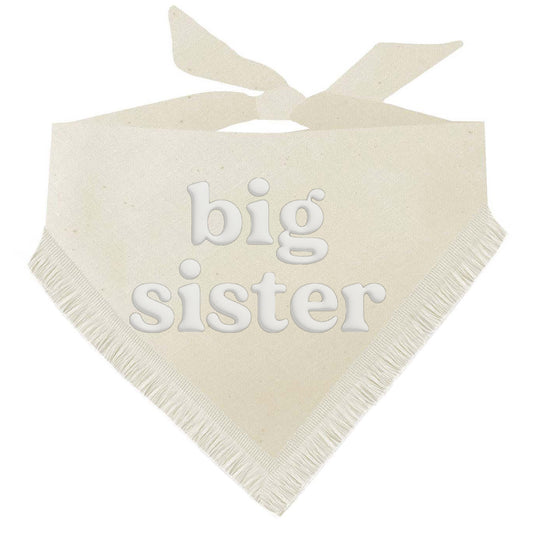 Big Sister Natural Cotton Triangle Dog Bandana with Puff Print and Boho Fringe