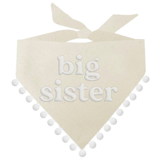 Big Sister Boho Baby Announcement Natural Dog Bandana with Puff Print and Pom Poms