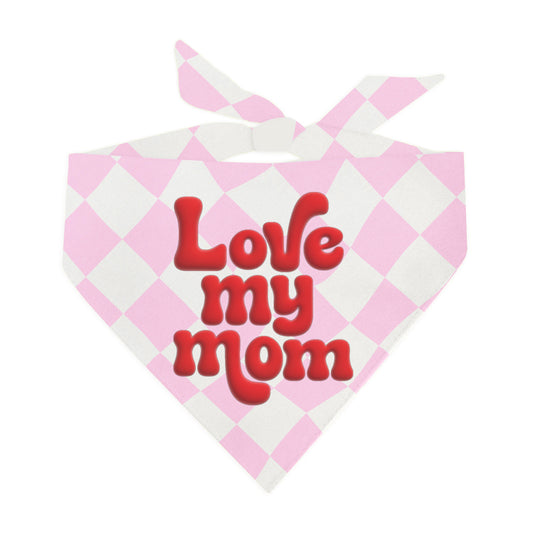 Love My Mom Groovy Retro Red Puff Printed Pink Checkerboard Dog Bandana