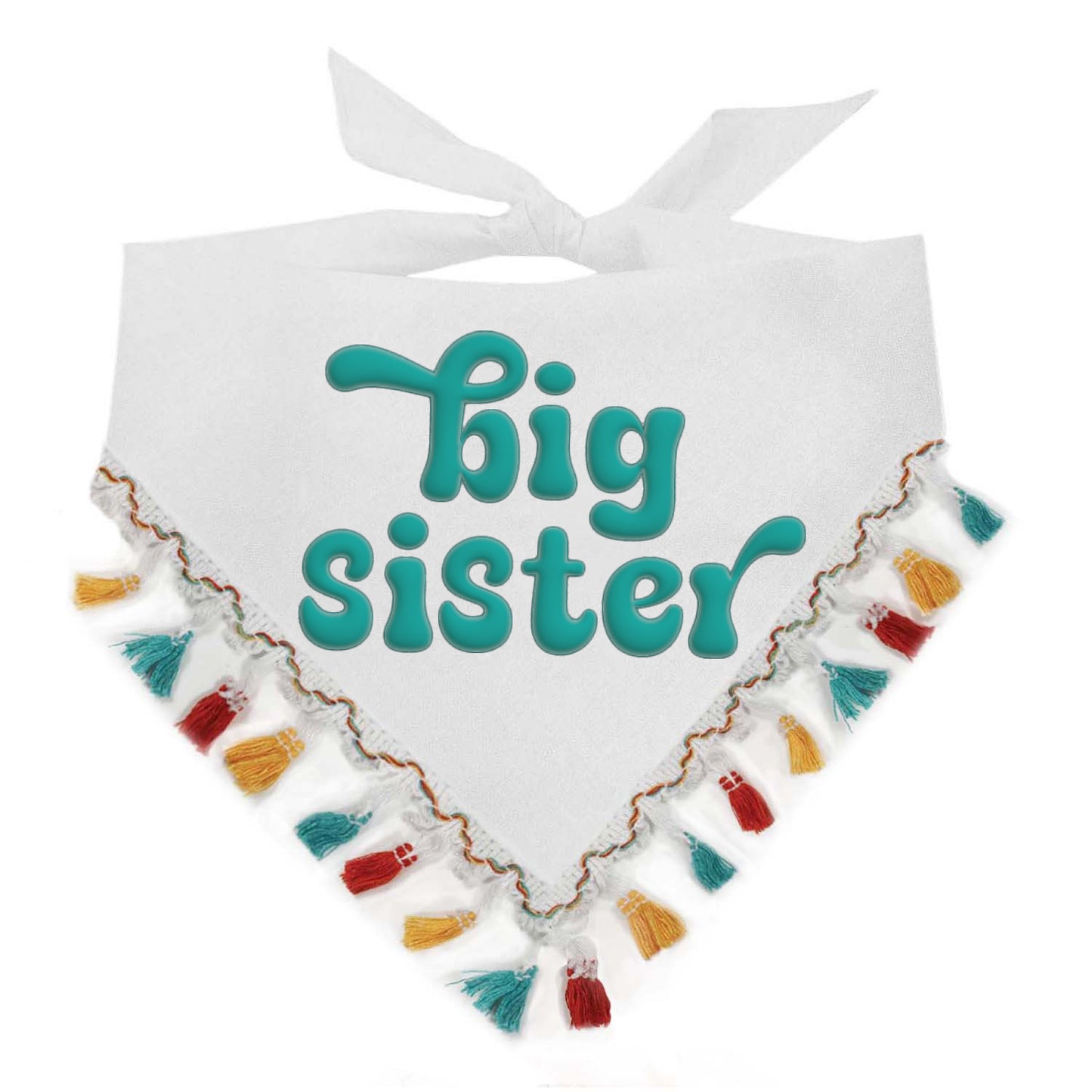 Big Sister Puff Printed Dog Bandana with Multi-Colored Fringe